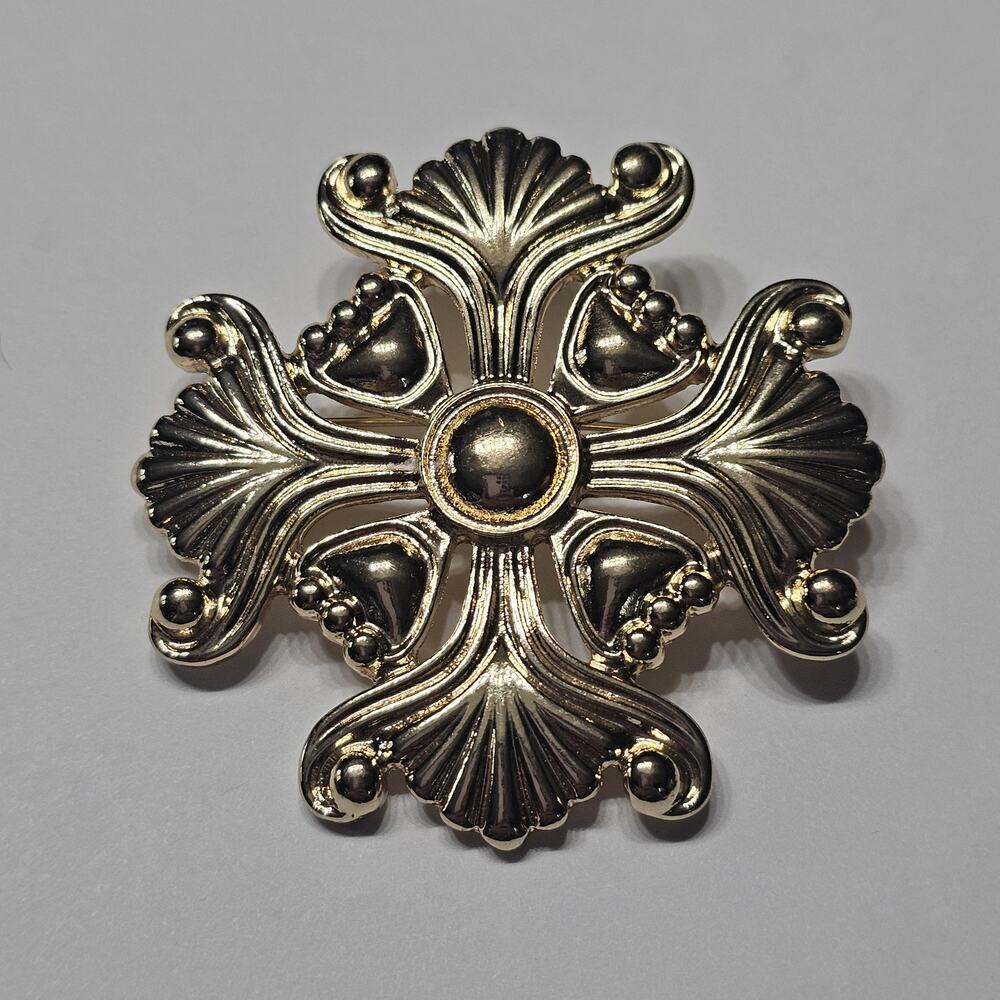 Vintage 1970s Gold Tone Ornate Brooch, Victorian Revival Statement Pin